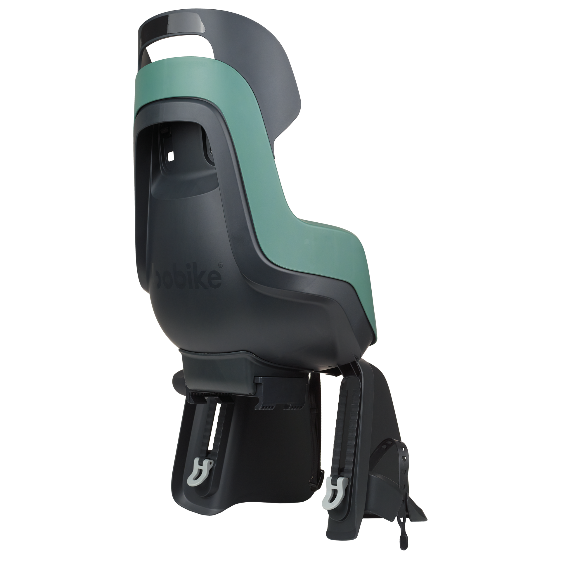 Rear bicycle safety seat for carrier mount, with a safety-belt of 3-points and a soft cushion.