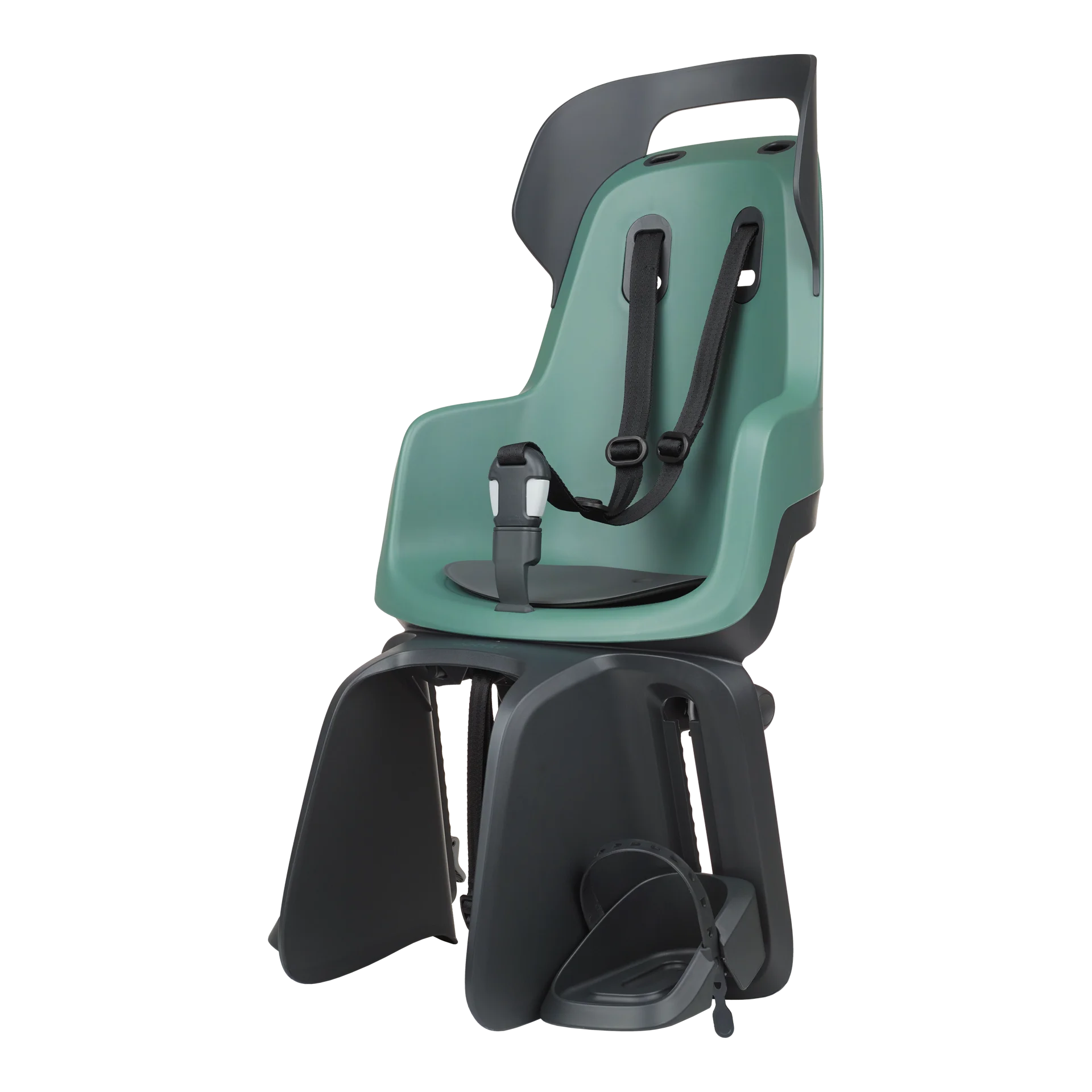 Rear bicycle safety seat for carrier mount, with a safety-belt of 3-points and a soft cushion.