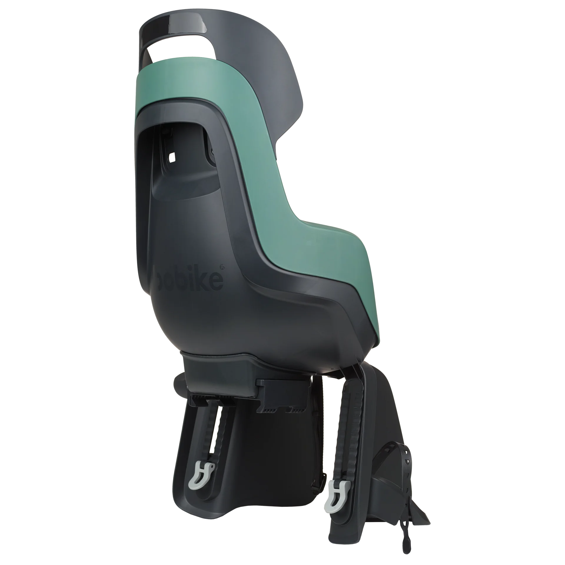 Rear bicycle safety seat for carrier mount, with a safety-belt of 3-points and a soft cushion.